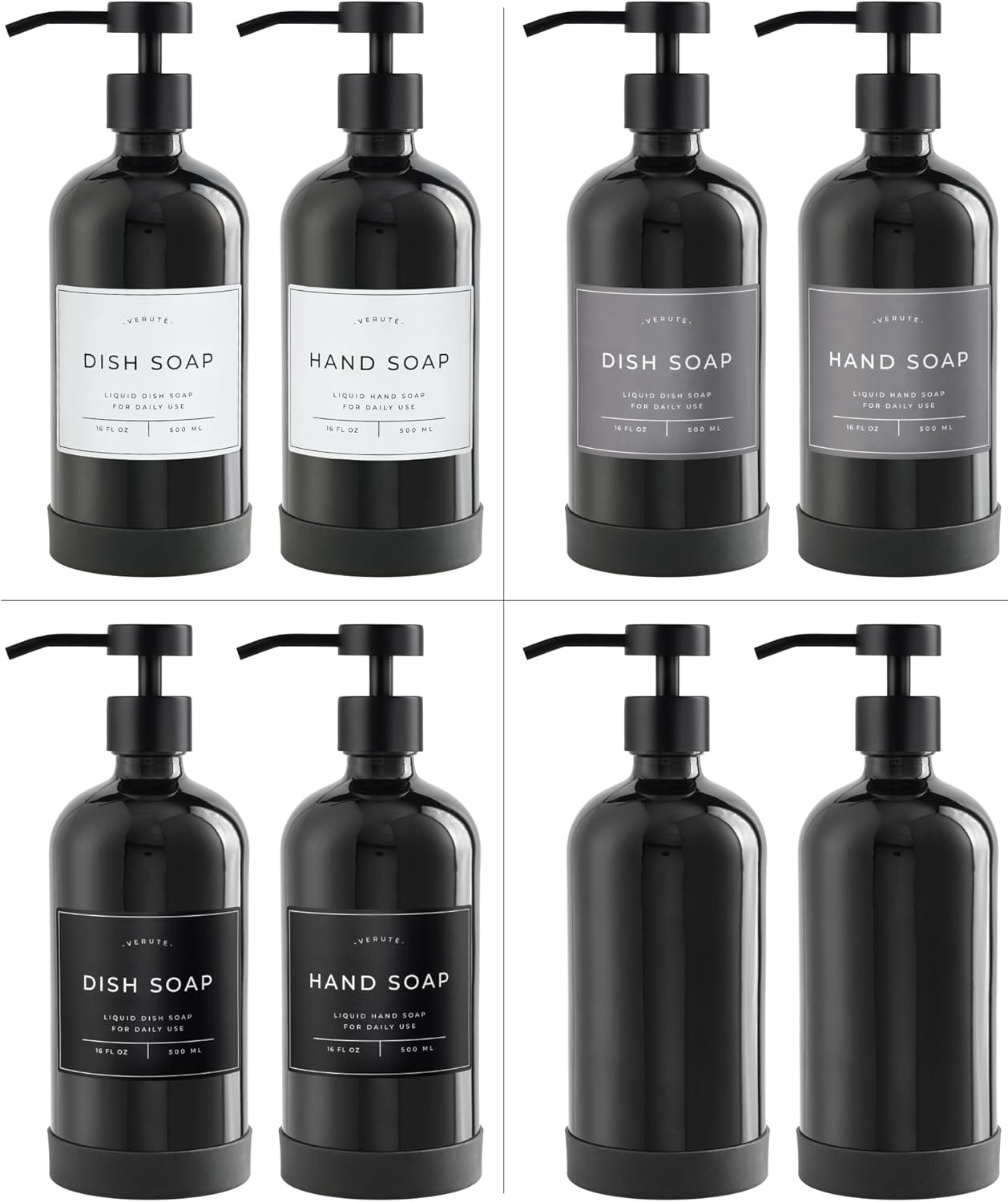 16oz Glass Soap Dispenser with Stainless Steel Pump, 21 Waterproof Labels, Non-Slip Protective