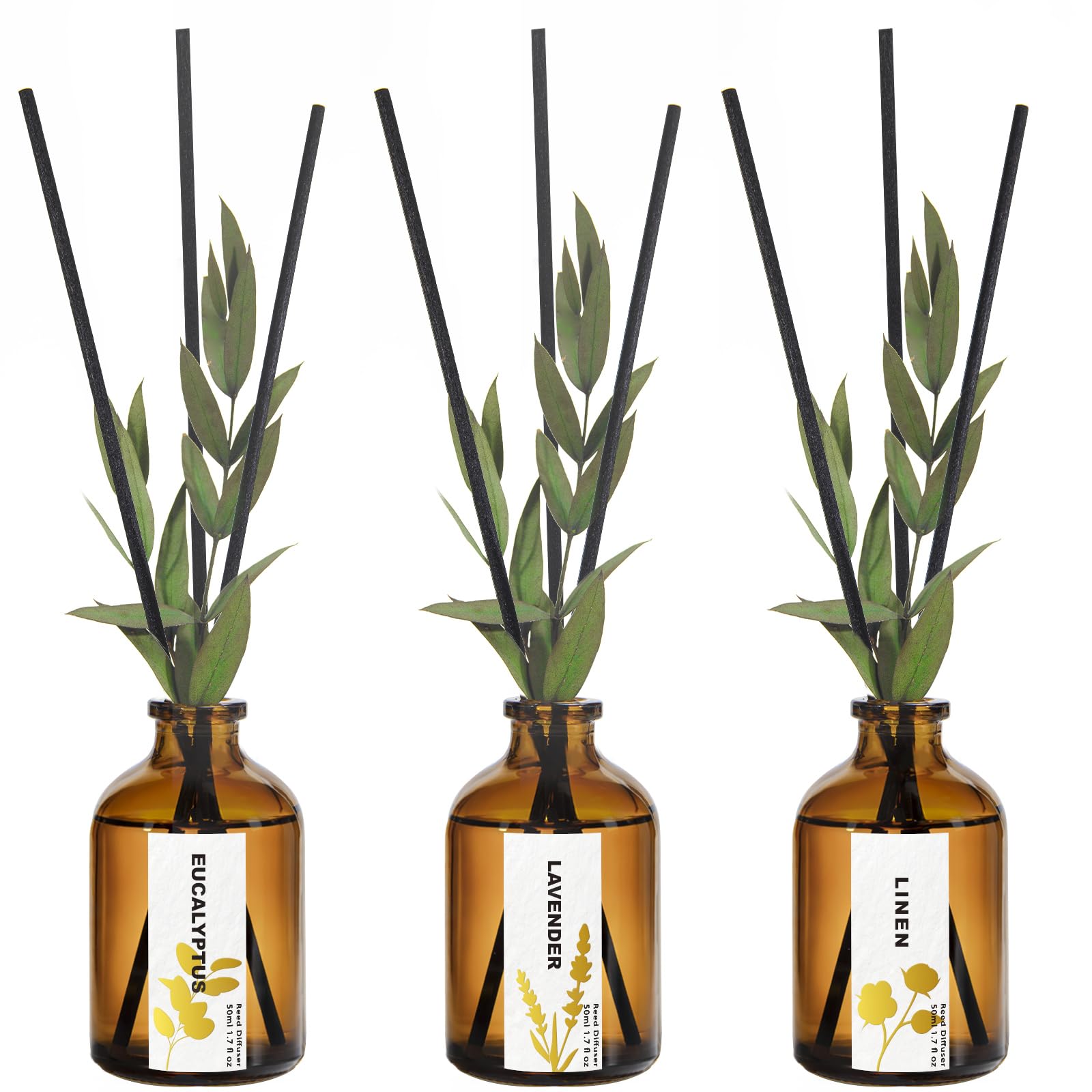 Reed Diffuser Set of 3, Eucalyptus, Linen & Lavender Scented Oil Diffusers with 15 Reeds