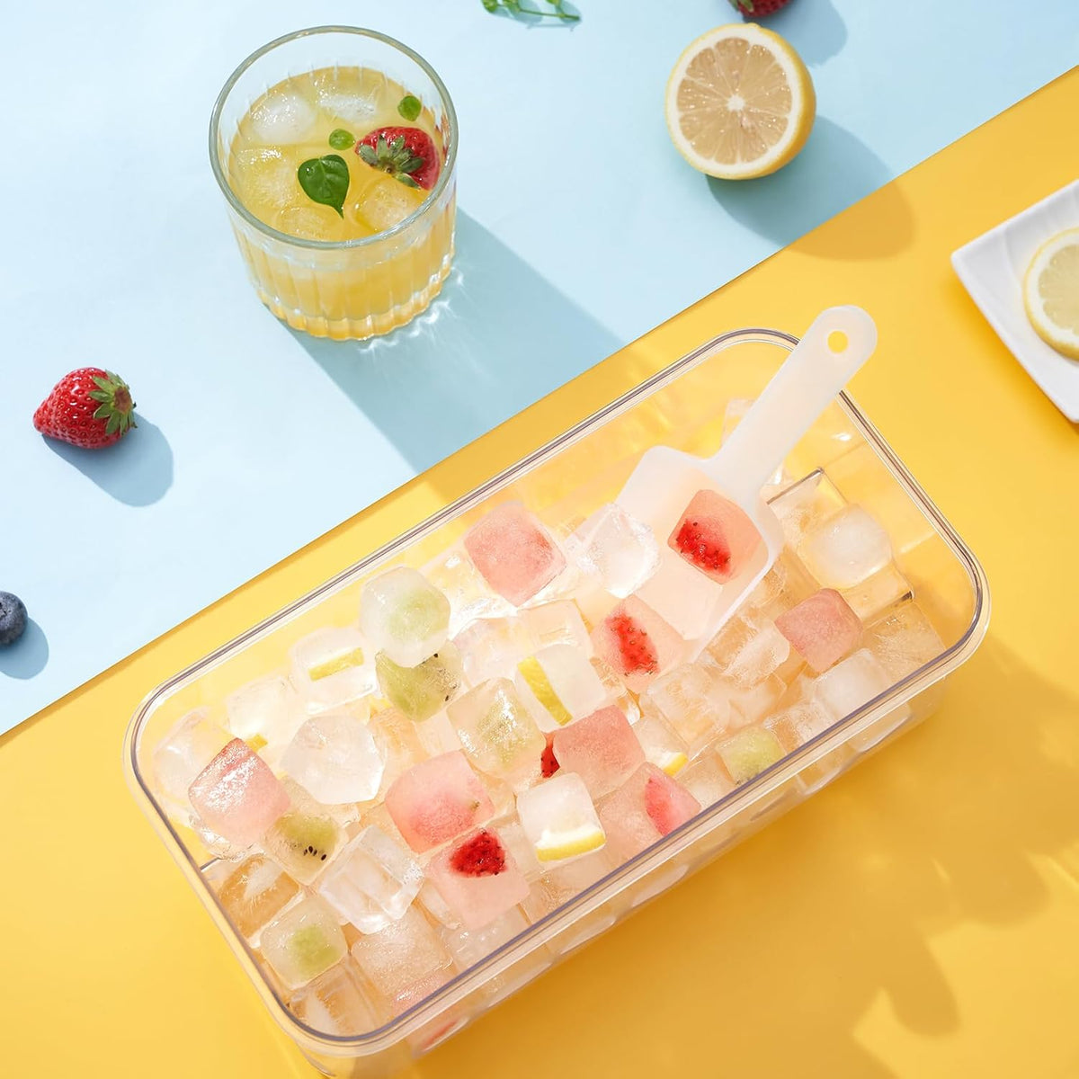 PHINOX Ice Cube Tray With Lid and Bin, Ice Trays for Freezer, Flexible Ice Cube Trays, Making 64