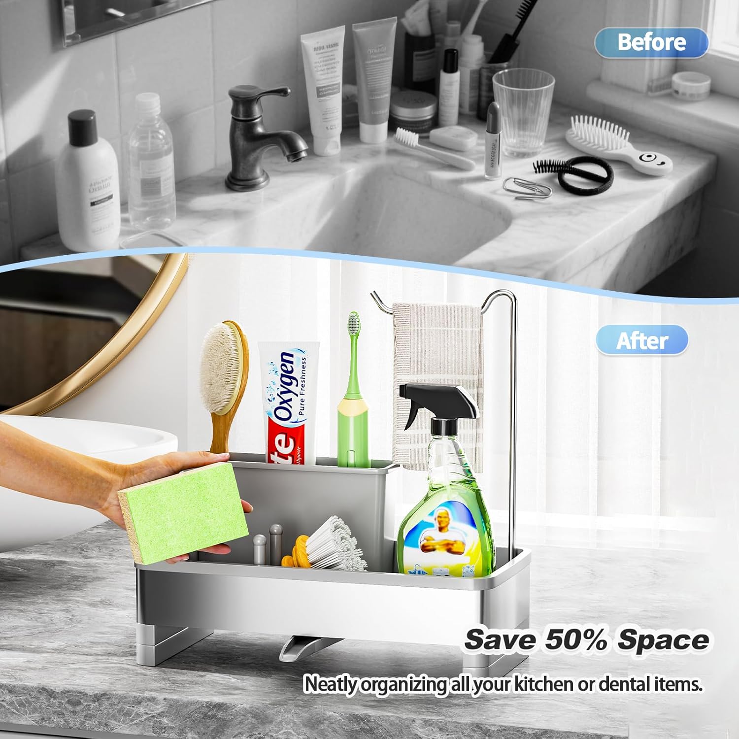 Stainless Steel Sink Caddy, Sponge Holder for Kitchen Sink with Brush Holder & Dishcloth Rack