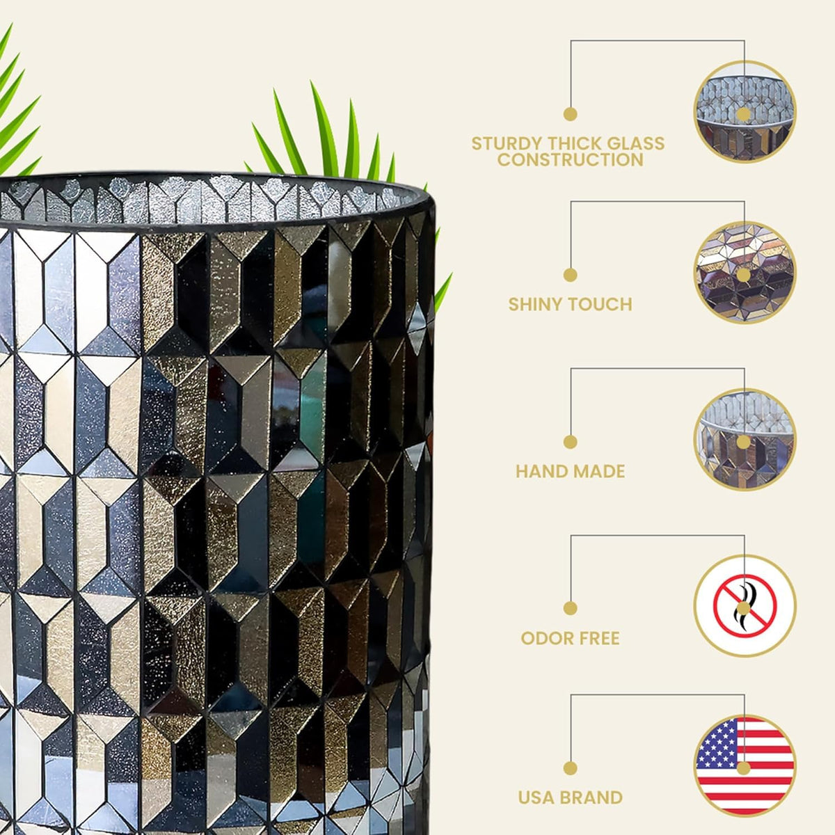 Escenzy Modern Bathroom Trash Can Mosaic Glass 6L | Decorative Small Garbage Can | 8" x 10" |