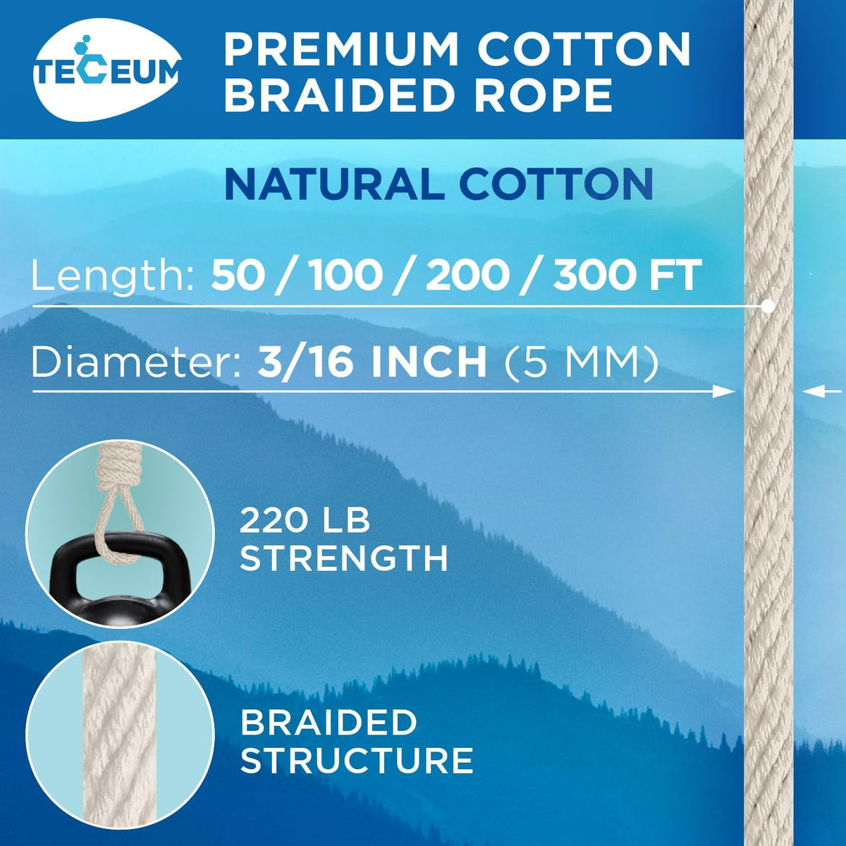 TECEUM Cotton Rope 3/16” (5 mm) – 200 FT – Strong All-Purpose Braided Rope – Natural Cotton – for