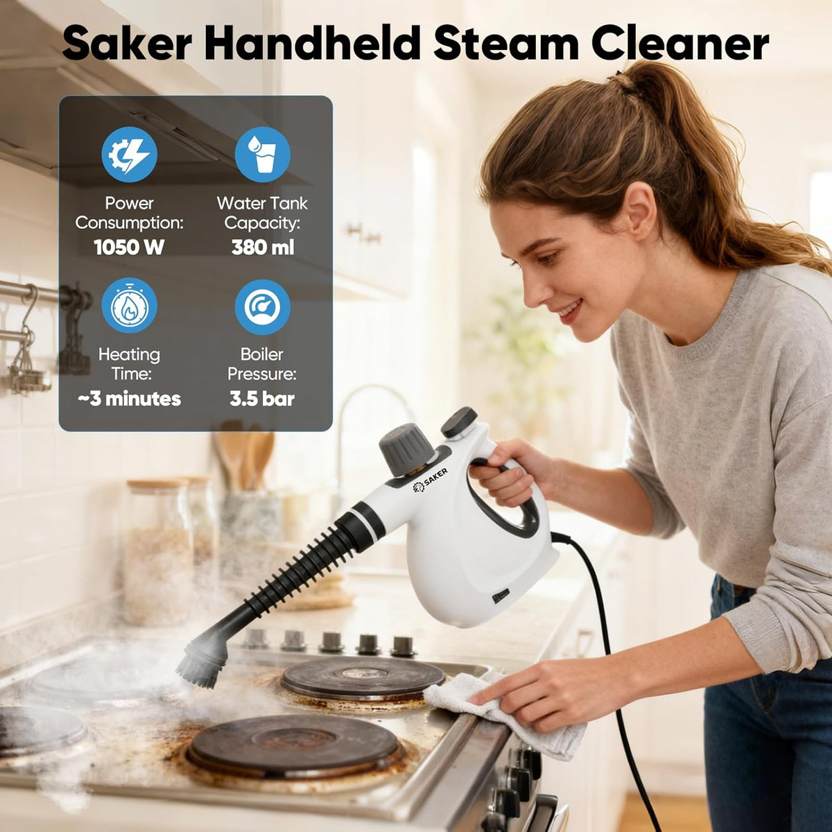 Saker Handheld Steam Cleaner New,Portable Steam Cleaner for Home,1050W Steam Cleaner,5 Fiber Cloths