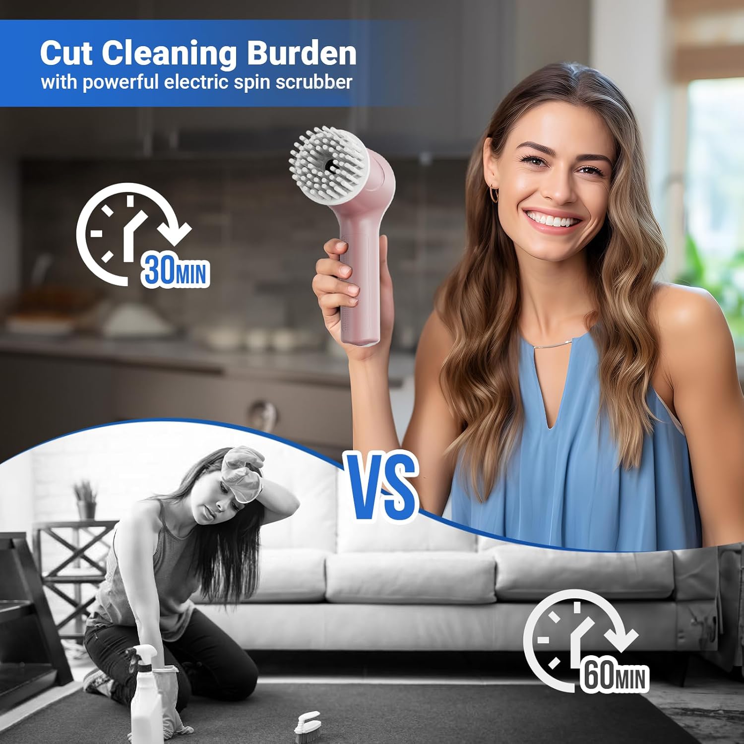 Electric Spin Scrubber, Cordless Shower Scrubber with Battery Level Display, 2 Speeds Electric