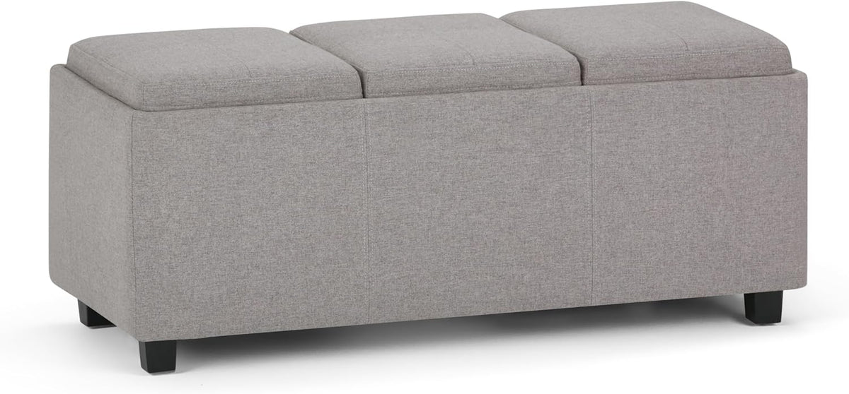 SIMPLIHOME Avalon 42 inch Wide Contemporary Rectangle Storage Ottoman in Cloud Grey Linen Look