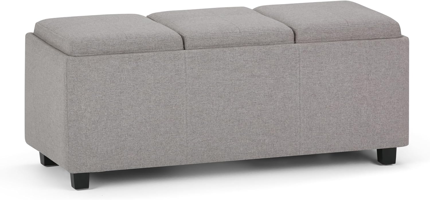 SIMPLIHOME Avalon 42 inch Wide Contemporary Rectangle Storage Ottoman in Cloud Grey Linen Look