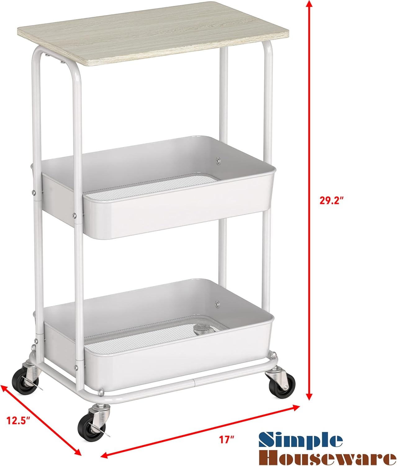 Simple Houseware 2-Tier Rolling Utility Cart with Lockable Wheels and Wood Top, Metal Storage