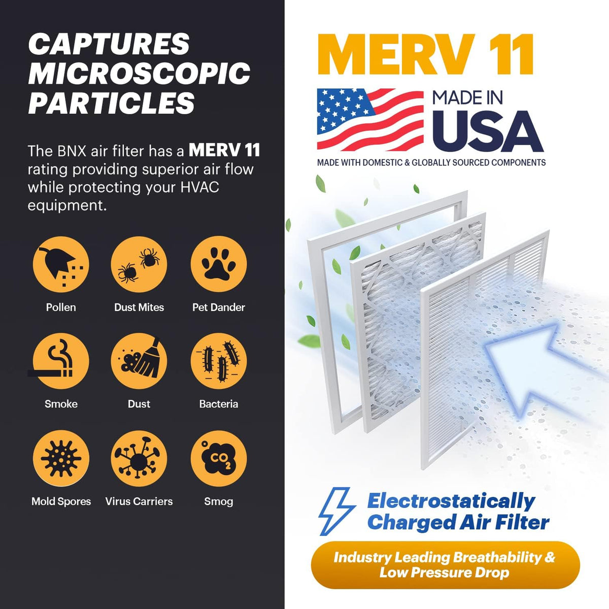 BNX TruFilter 14x25x1 Air Filter MERV 11 (6-Pack) - MADE IN USA - Allergen Defense Electrostatic