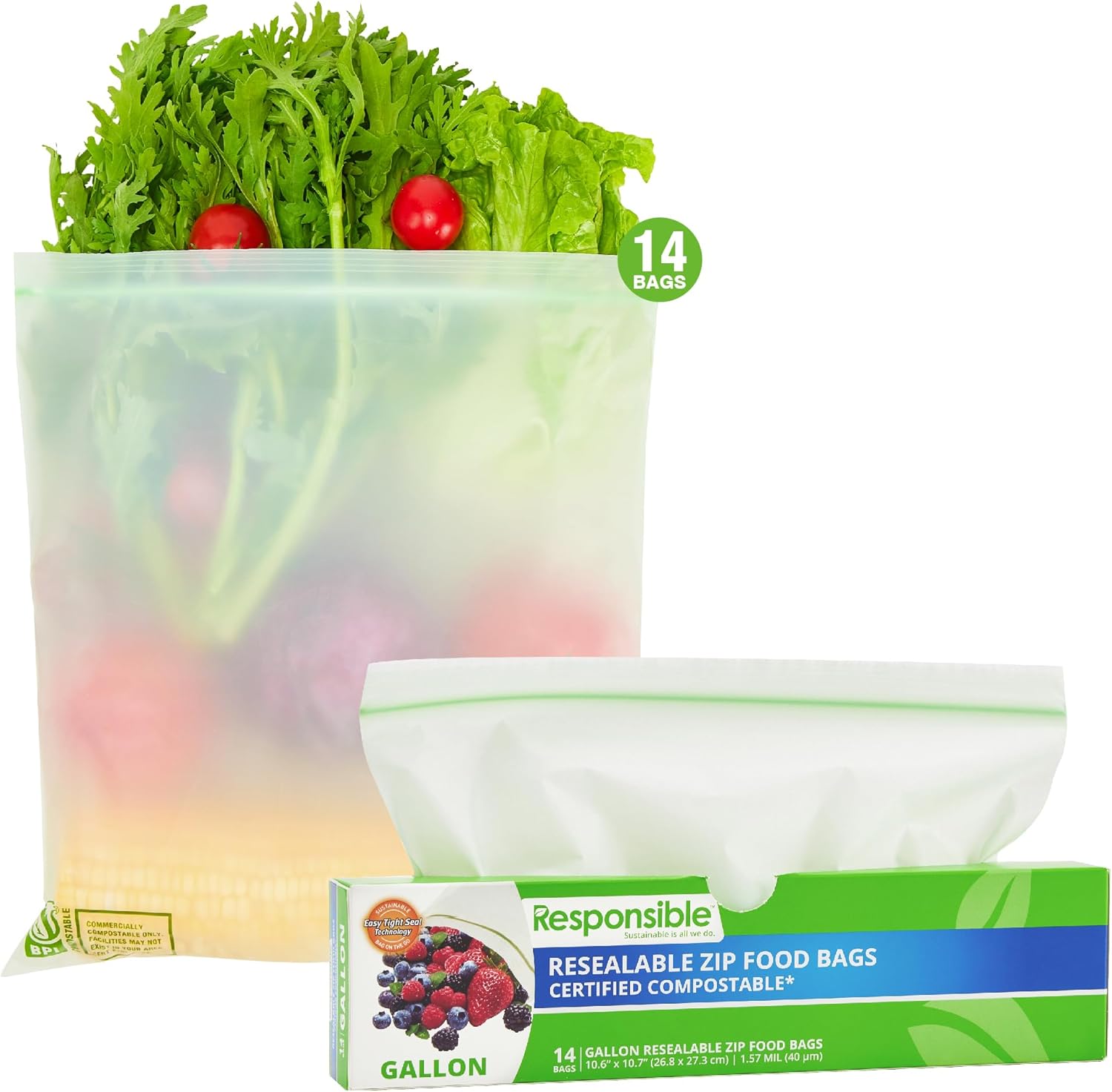 Responsible Products Certified Compostable Large GALLON Resealable Zip Bag, Extra Strength Food