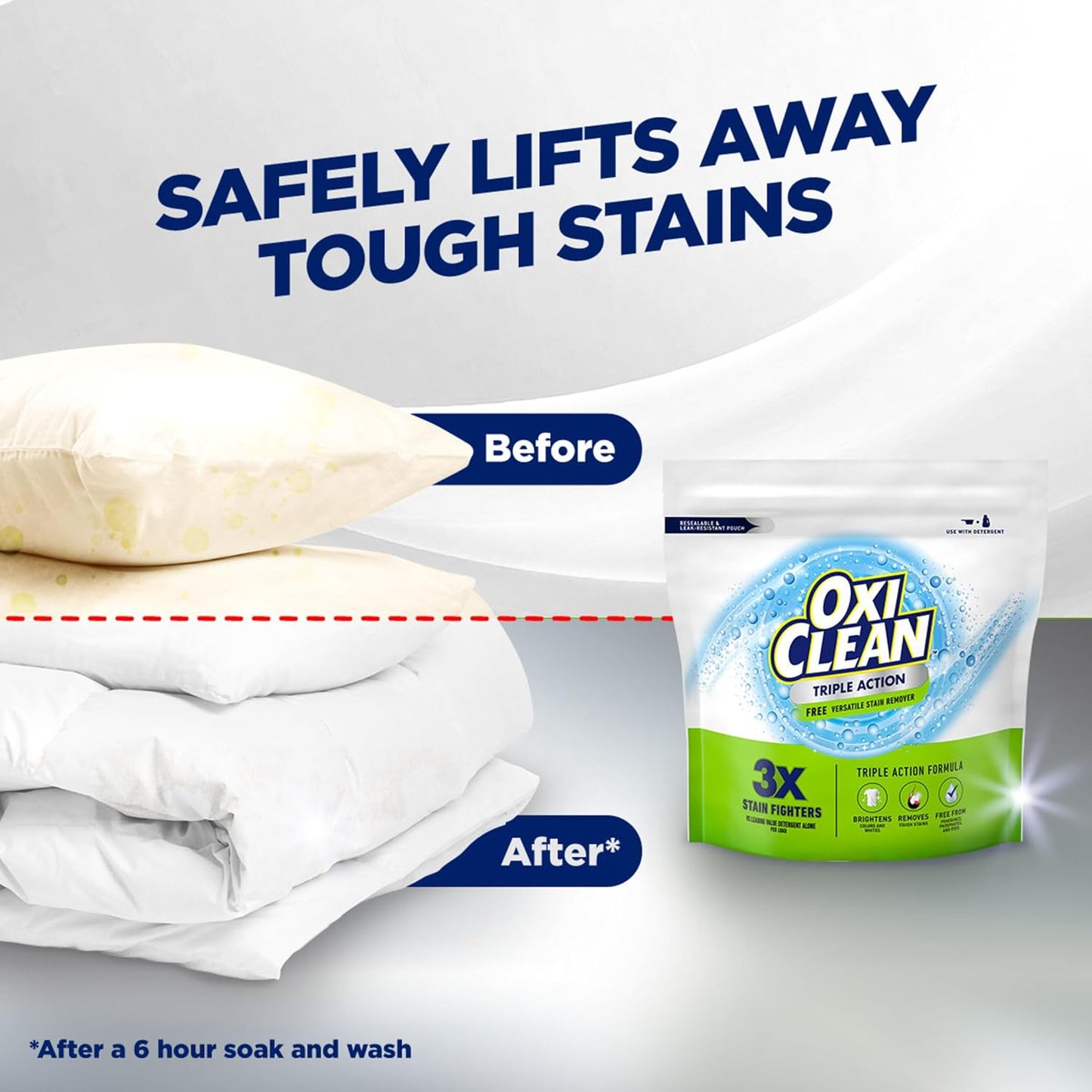 OxiClean Triple Action Free Versatile Stain Remover Powder, Use with Detergent, No Fragrance, No