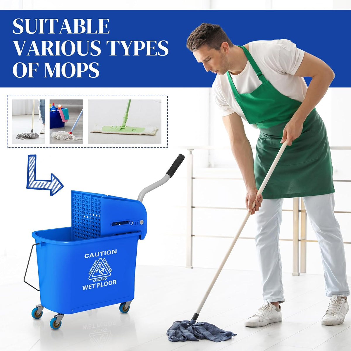 HOMCOM Compact Mop Bucket with Wringer on Wheels for Floor Cleaning, 21 Quart, Separate Dirty and