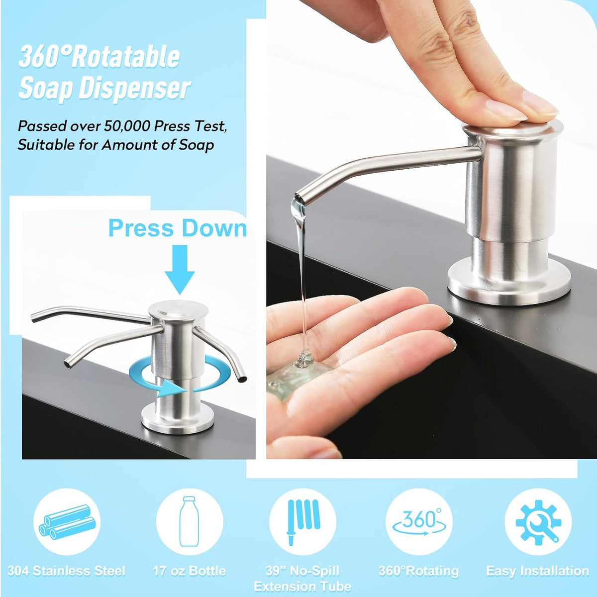 CREA Kitchen Sink Soap Dispenser Countertop for Kitchen Sink, Stainless Stee Built in Sink Soap