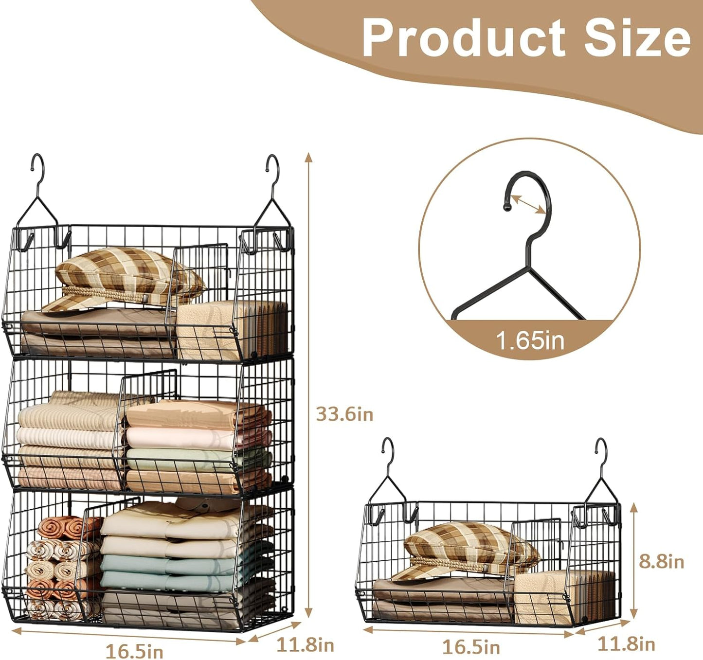3 Tier Closet Hanging Shelves with Divider, Extra Large Closet Organizers and Storage, Clothes