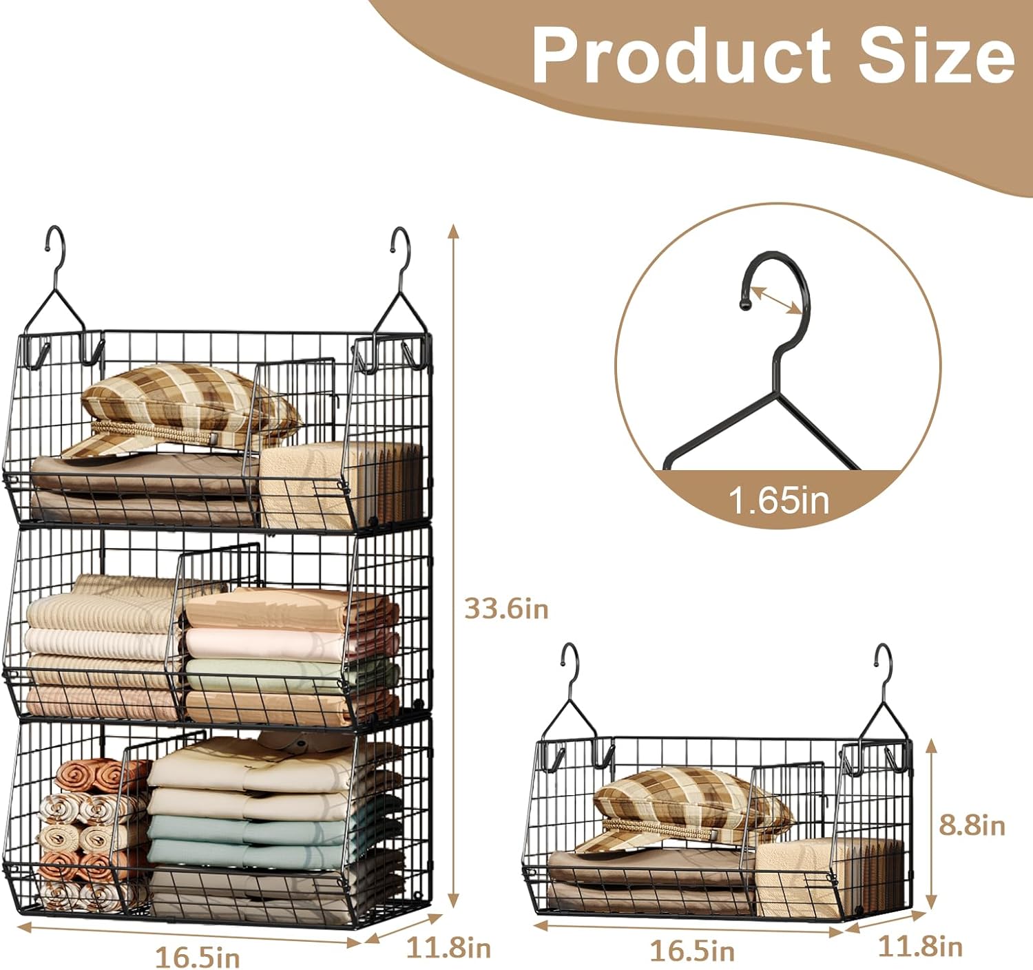3 Tier Closet Hanging Shelves with Divider, Extra Large Closet Organizers and Storage, Clothes