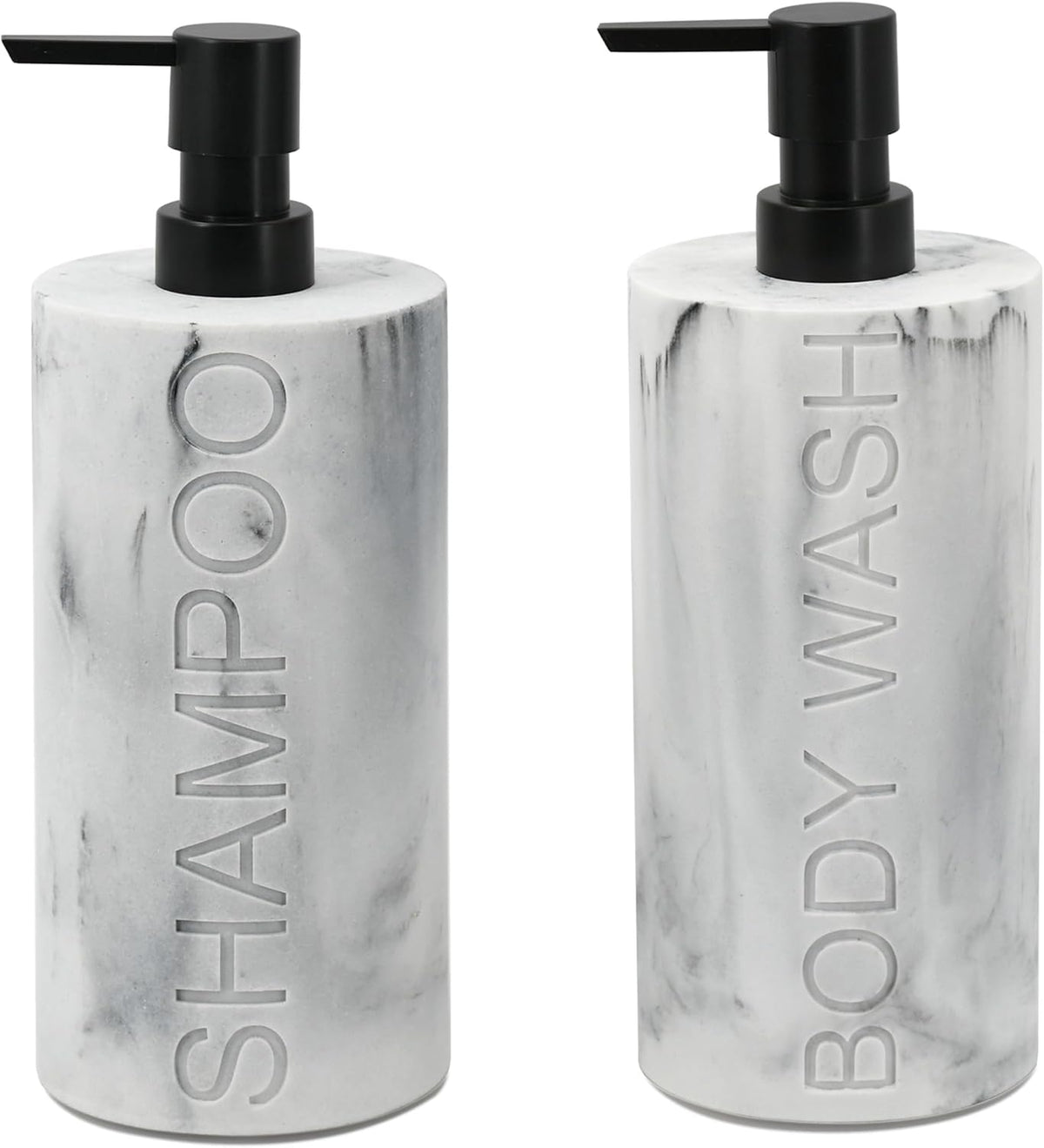Marble Resin 2 Piece Shampoo and Body Wash Dispenser Set, Luxurious Refillable Pump Bottles with