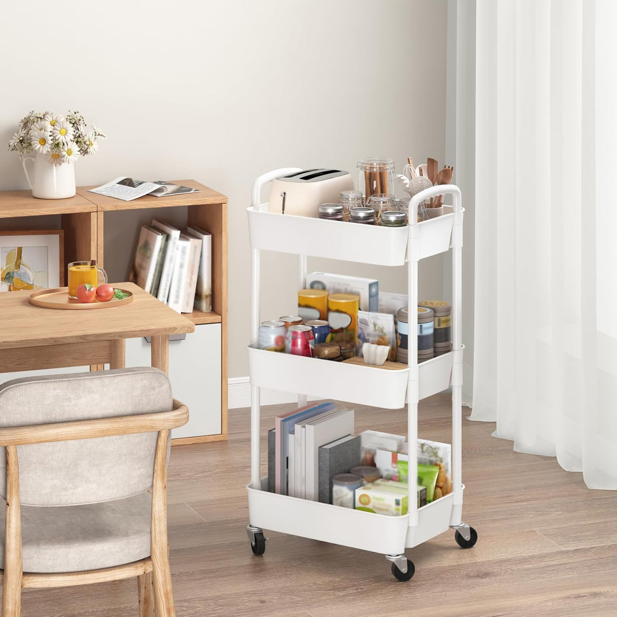 Sywhitta 3-Tier Plastic Rolling Utility Cart with Handle, Multi-Functional Storage Trolley for