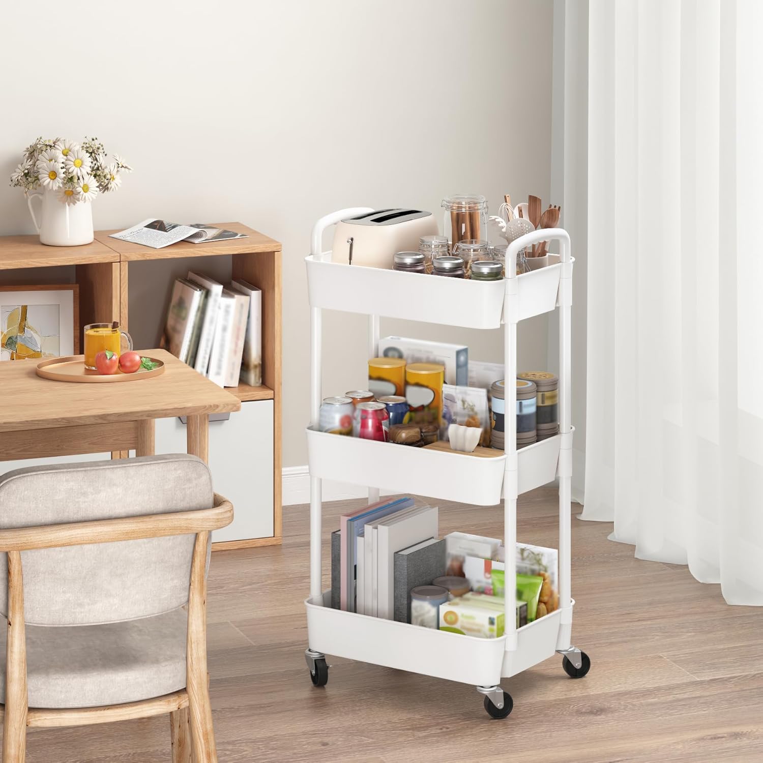 Sywhitta 3-Tier Plastic Rolling Utility Cart with Handle, Multi-Functional Storage Trolley for