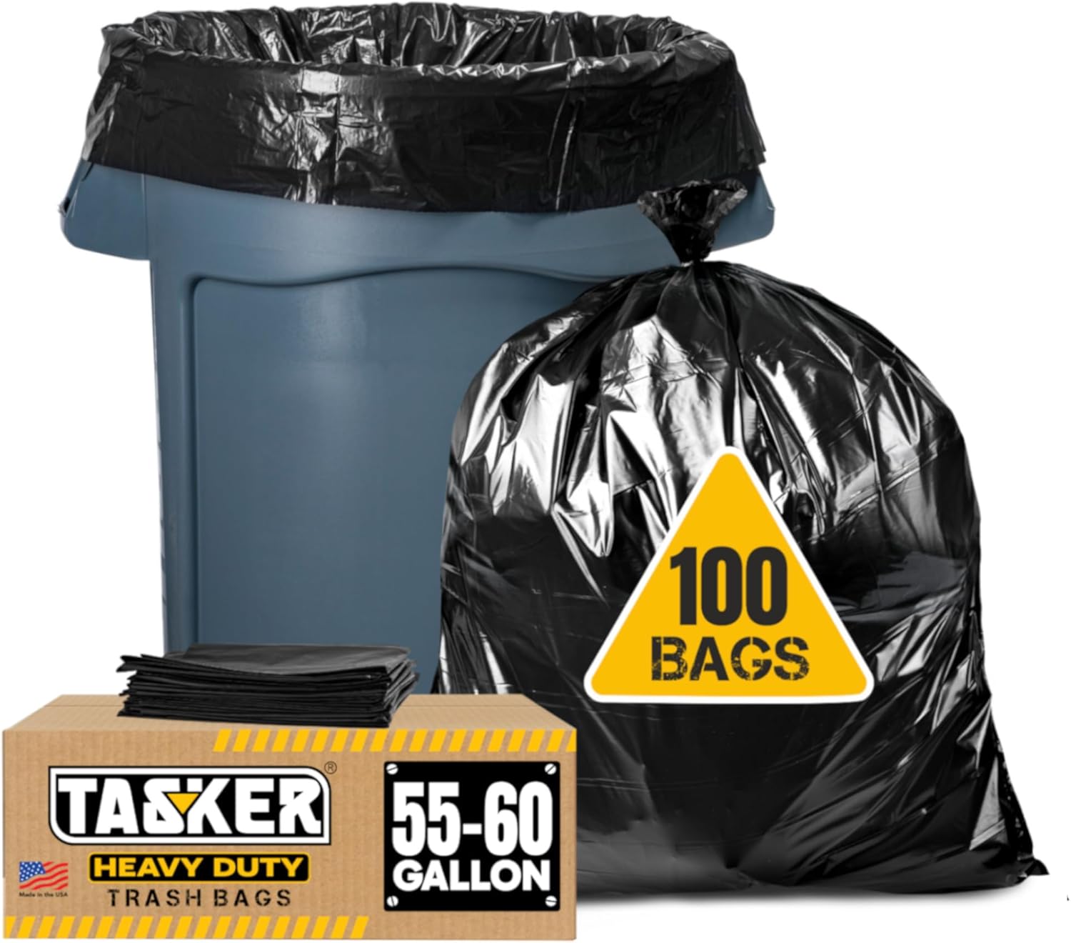 Tasker 55-60 Gallon Trash Bags Heavy Duty, (Value Pack 100 Bags w/Ties) Large Black Outdoor Trash