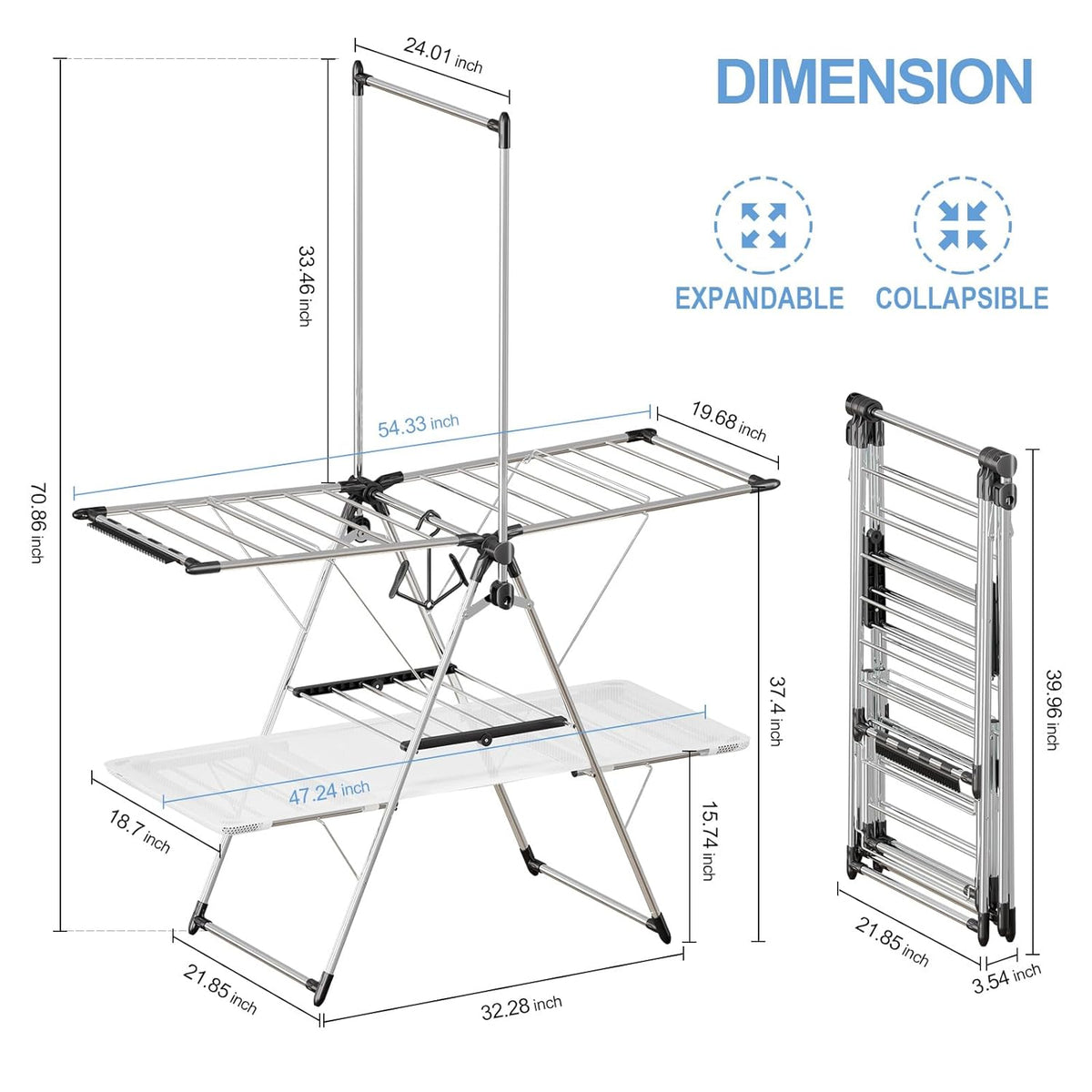 APEXCHASER Clothes Drying Rack, Foldable 2-Level Drying Racks with High Hanger, Metal Laundry Stand