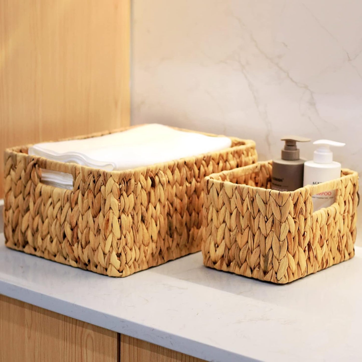 HOONEX Water Hyacinth Storage Baskets, Wicker Baskets for Storage, Hand Woven Baskets with Carry