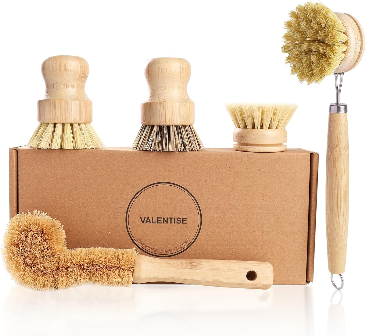 Bamboo Dish Brush Set - 5 Packs Natural Wooden Kitchen Brush, 4 Dish Scrubbers with One Replacement