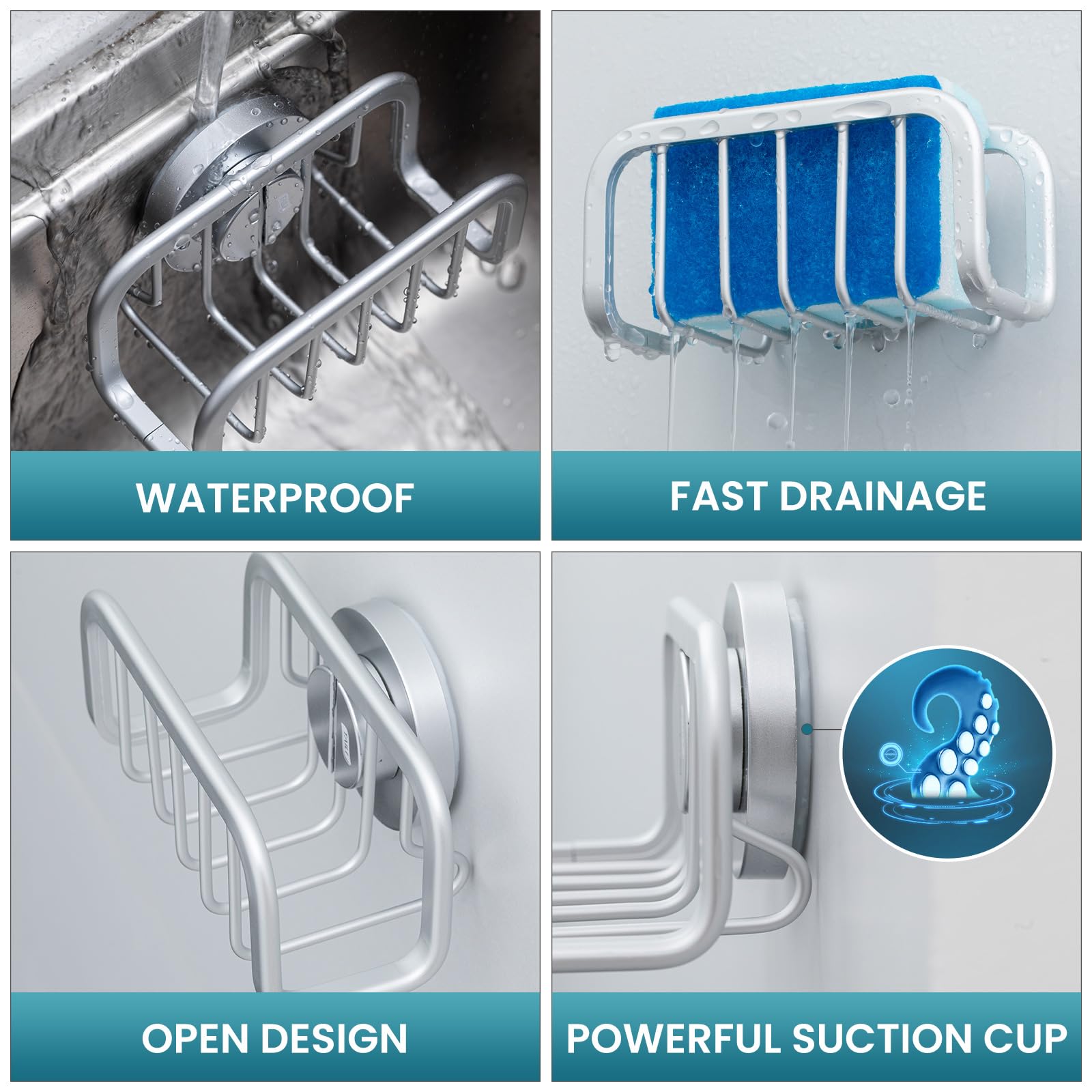 TAILI Rustproof Sponge Holder for Kitchen Sink with Suction Cup-Silver