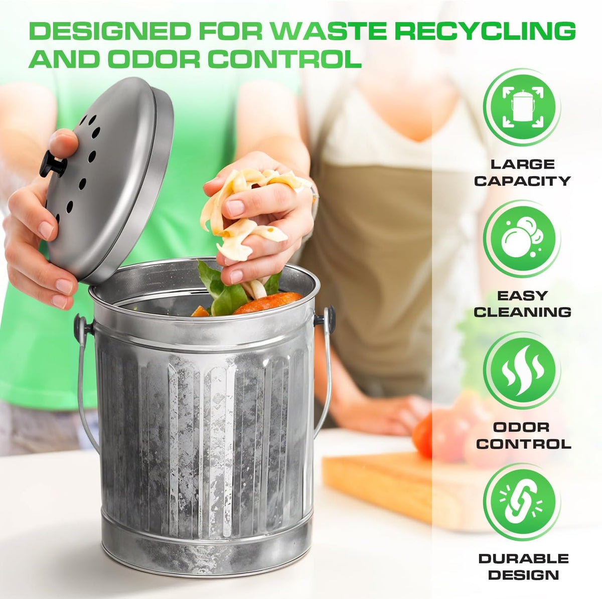 Plexon Countertop Compost Bin Kitchen Indoor, with Lid, Silver 1.5 Gallon Odorless Kitchen Compost