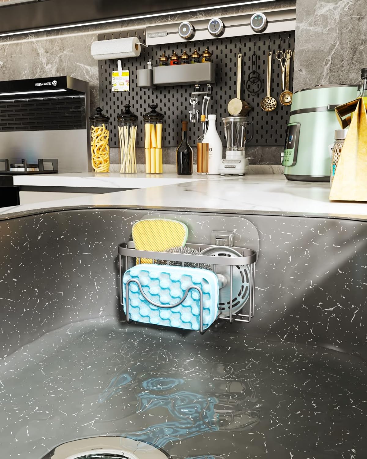 HapiRm Multifunctional Kitchen Sponge Holder with Unique M-Shaped, 2 Installation Ways Sink Caddy