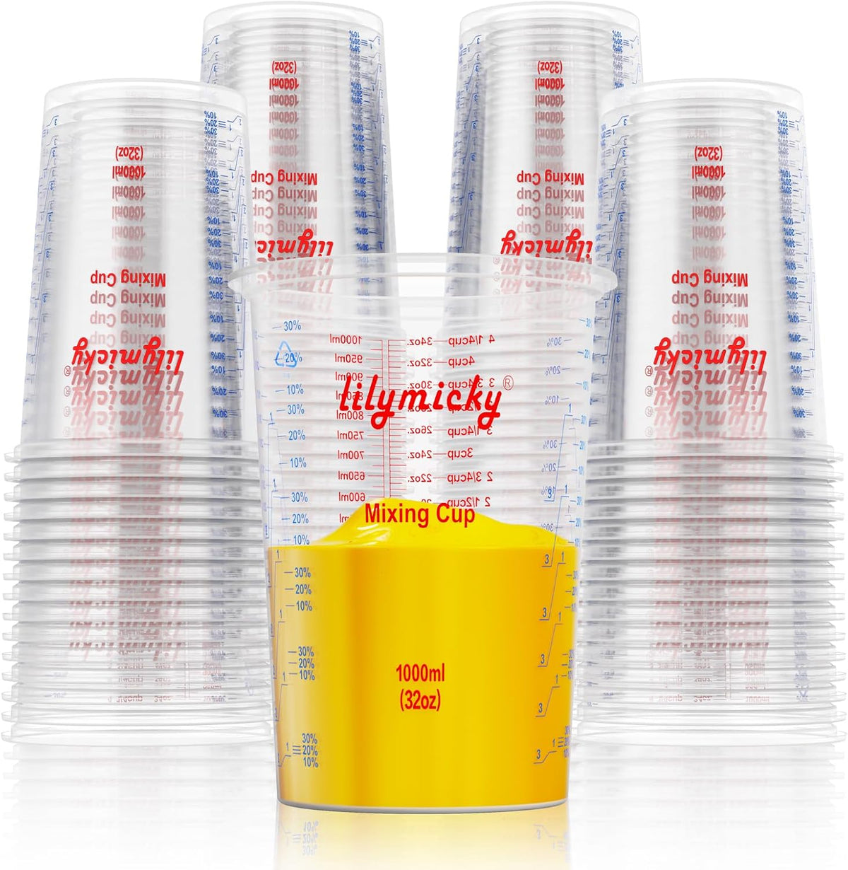 50 PACK Plastic Measuring Cups, 32 oz (1000ml) Disposable Mixing Cups, Measurement ratios: 2:1