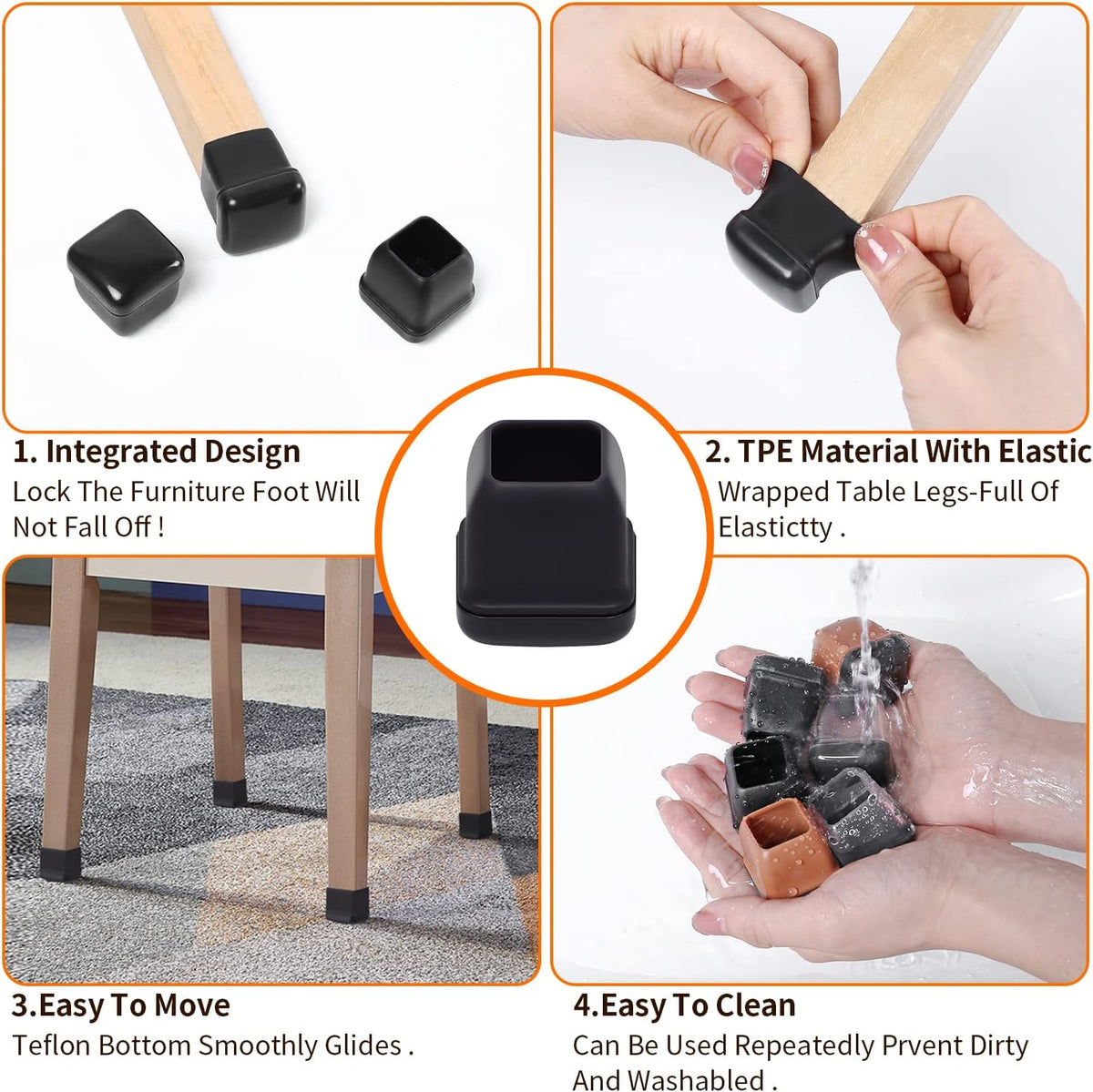 Ezprotekt 24 Pcs Chair Leg Sliders for Carpet, Square Black Chair Glides Teflon Furniture Pads, Bar