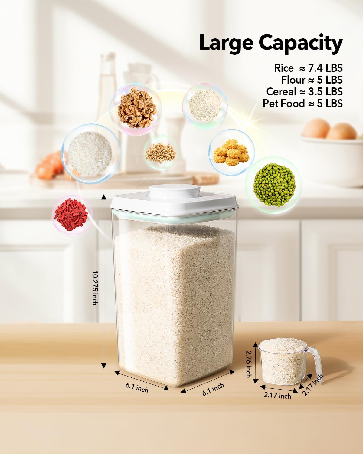 Airtight Pop Food Storage Container with Lid & 130ml Scoop, 4L/4.2qt BPA-Free Cereal, Rice, Flour