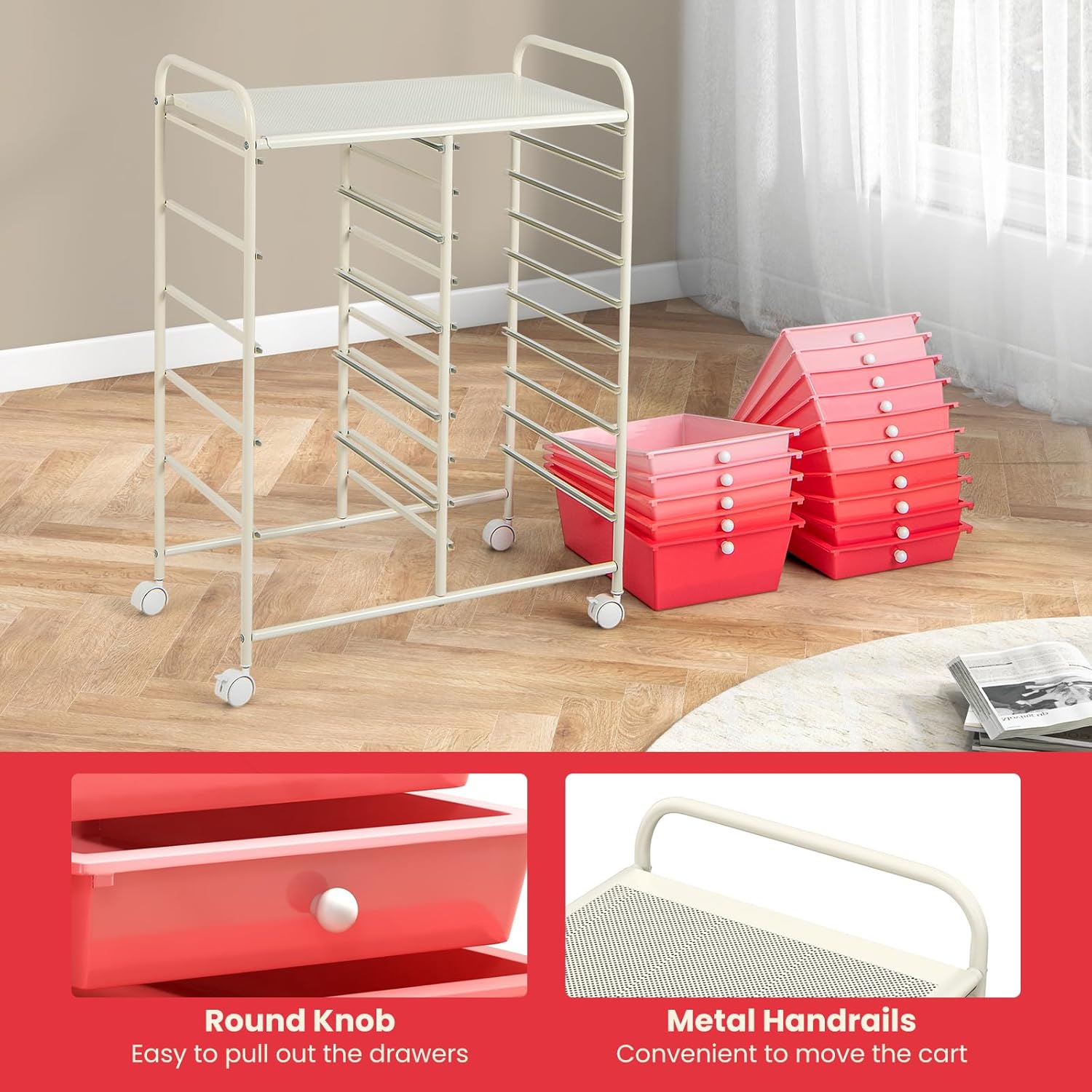 GOFLAME 15-Drawer Rolling Storage Cart, Multipurpose Movable Organizer Cart, Utility Cart for Home