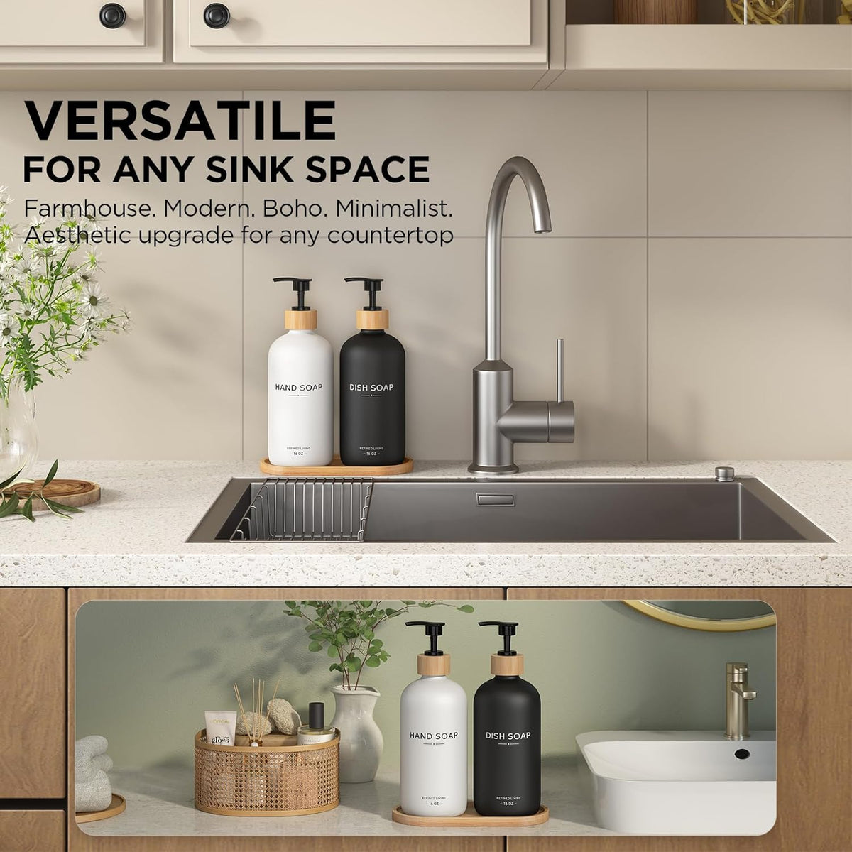 Hand and Dish Soap Dispenser Set,16oz Glass Bottles with Printed Labels, Bamboo Tray &