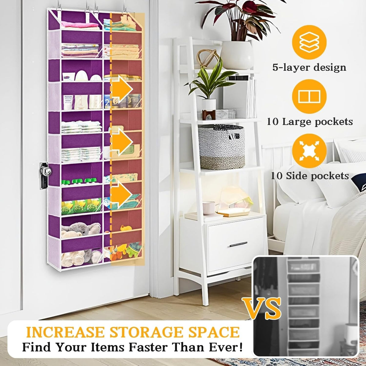 Over The Door Organizer 5 Tiers, Extra Large Behind Door Storage of 10 Compartments, 80 lbs Weight