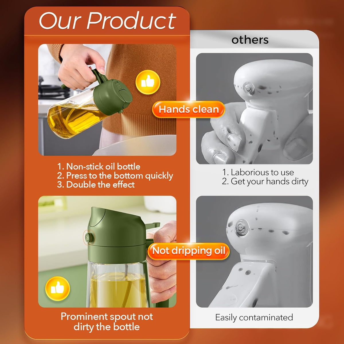 YARRAMATE 16oz/470ml Glass Olive Oil Sprayer for Cooking with Stickers, 2 in 1 Oil Dispenser for