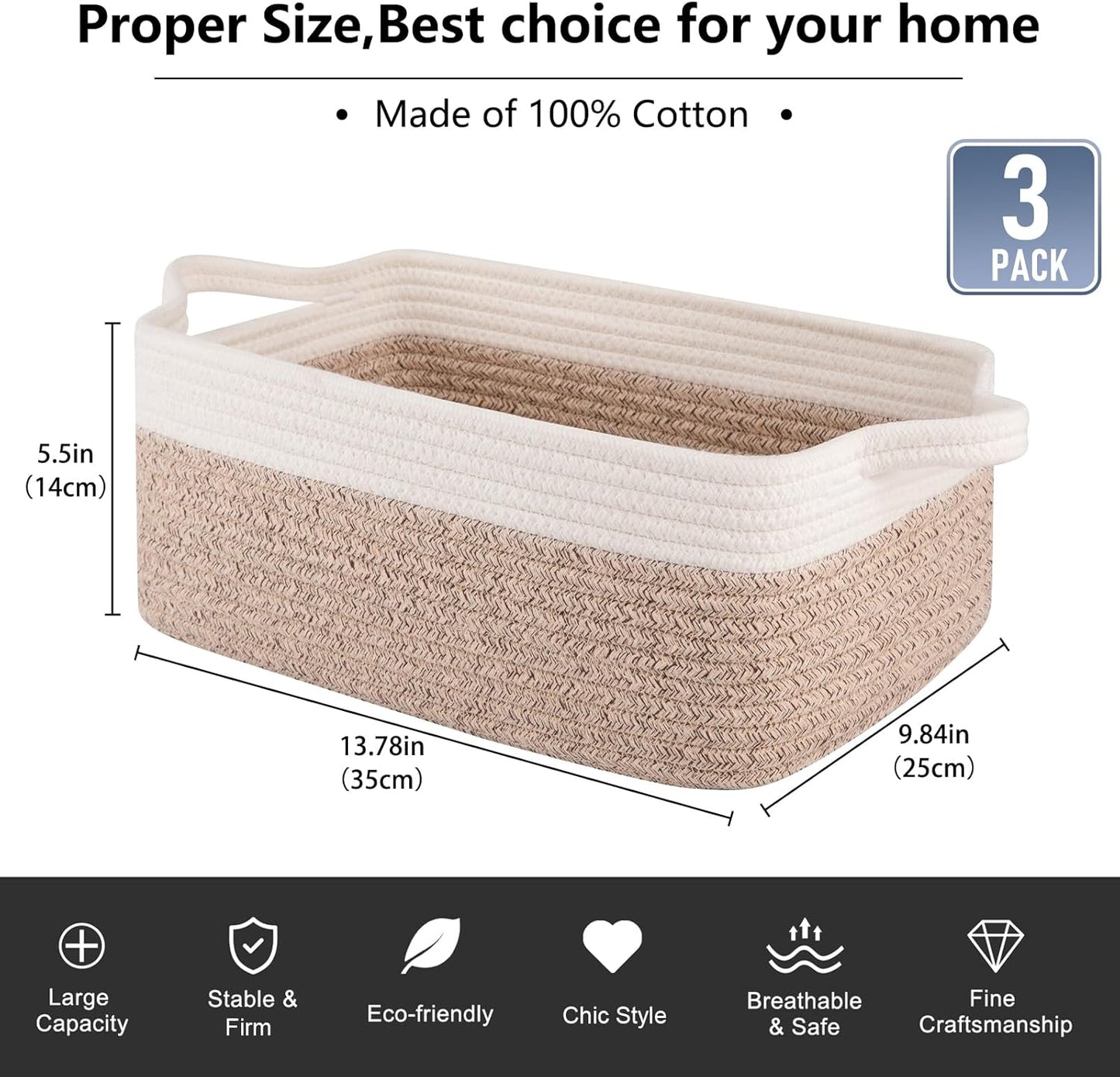 OIAHOMY 3 Pack Storage Baskets for Organizing, Woven Cotton Rope Basket for Shelves, Closet