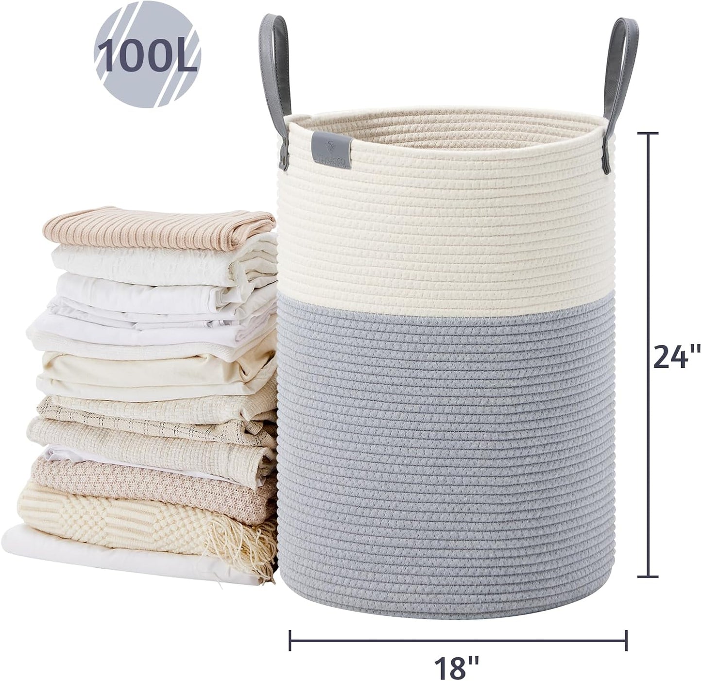 VIPOSCO Tall Laundry Basket, Large Dirty Clothes Hamper with Leather Handle, Woven Rope Storage