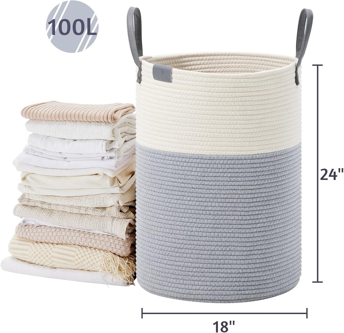 VIPOSCO Tall Laundry Basket, Large Dirty Clothes Hamper with Leather Handle, Woven Rope Storage