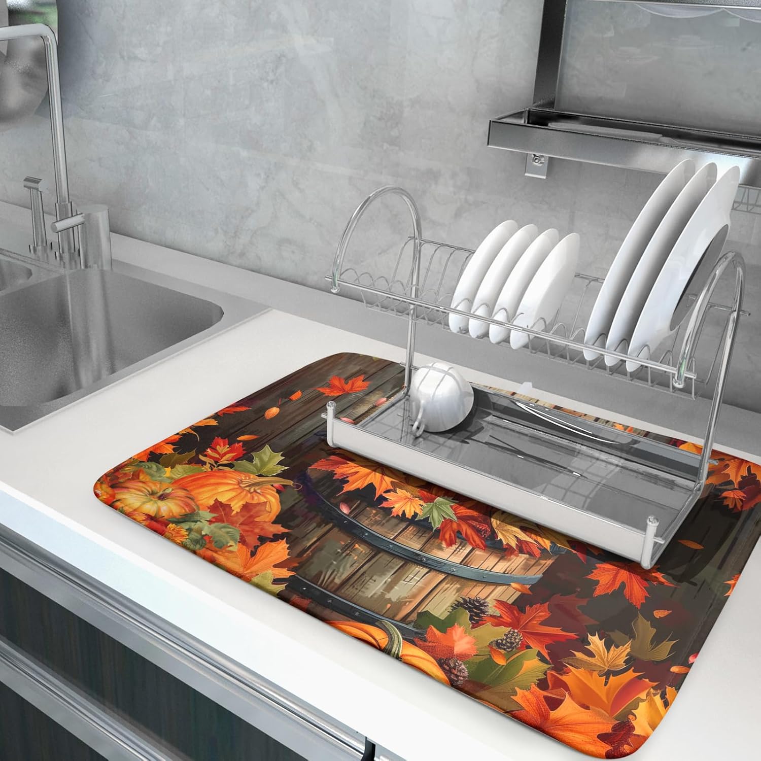 Fall Pumpkin Dish Drying Mat for Kitchen Counter Autumn Pumpkin Dish Mats for Drying 16x18 Inch