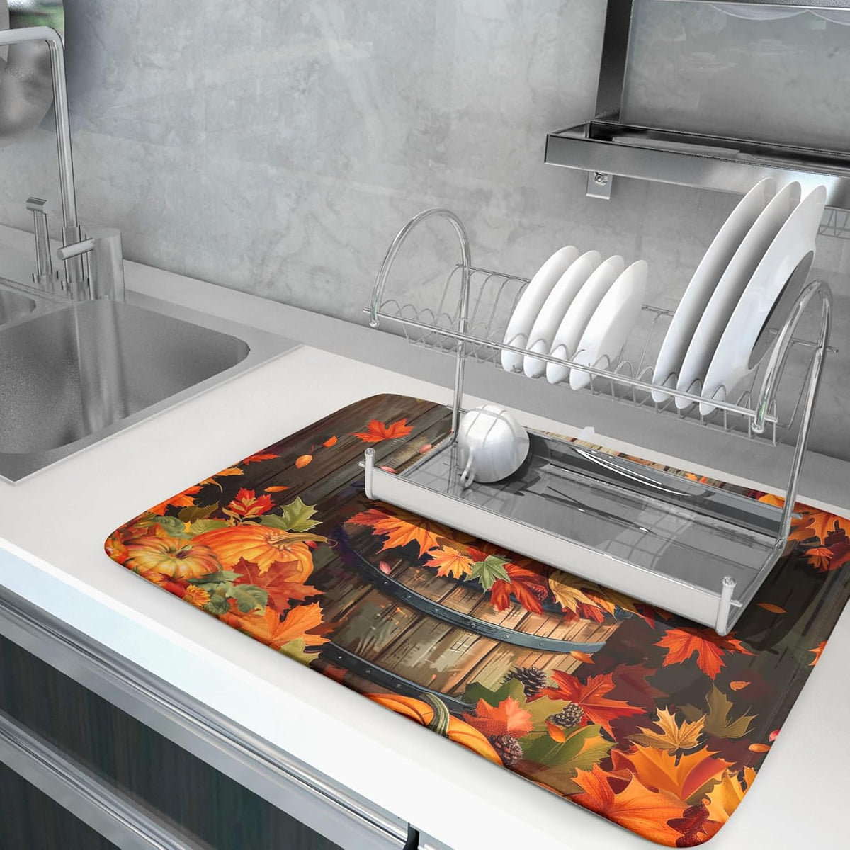 Fall Pumpkin Dish Drying Mat for Kitchen Counter 18x24 Inch Autumn Maple Leaves Microfiber Drying