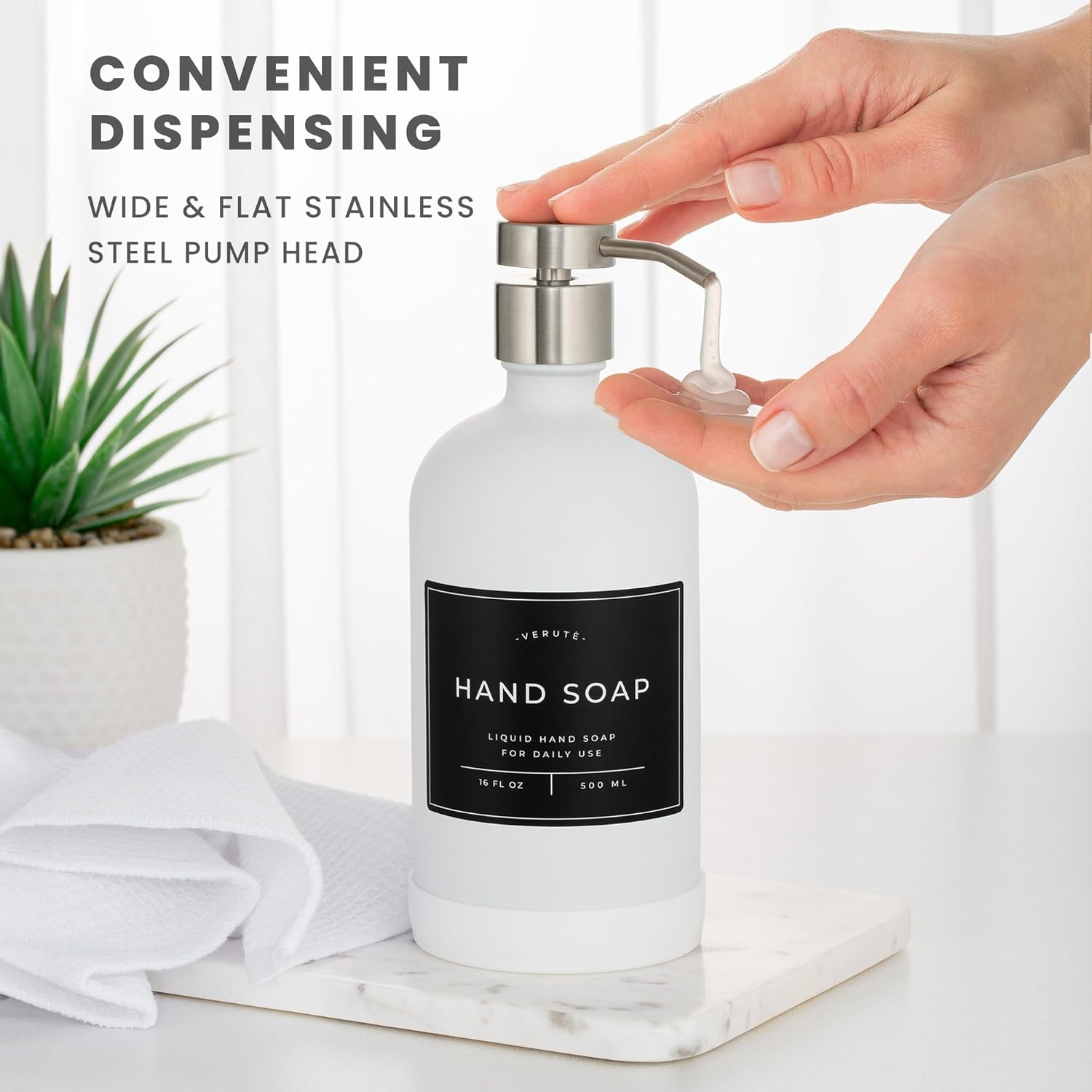 16oz Glass Soap Dispenser with Stainless Steel Pump, 21 Waterproof Labels, Non-Slip Protective