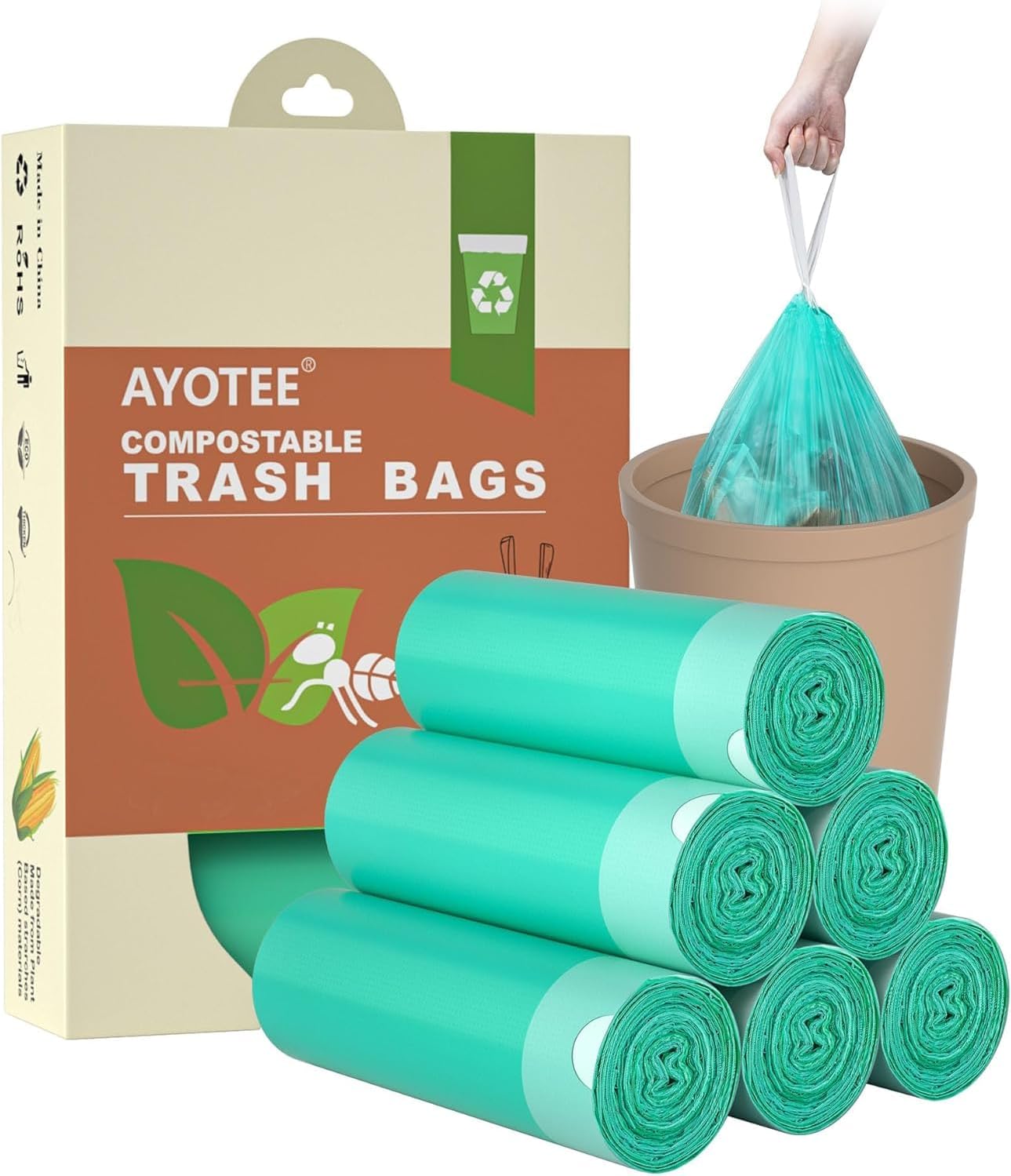 AYOTEE Compostable Trash Bags 4 Gallon Drawstring Trash Bags,100 Counts Ultra Strong Unscented