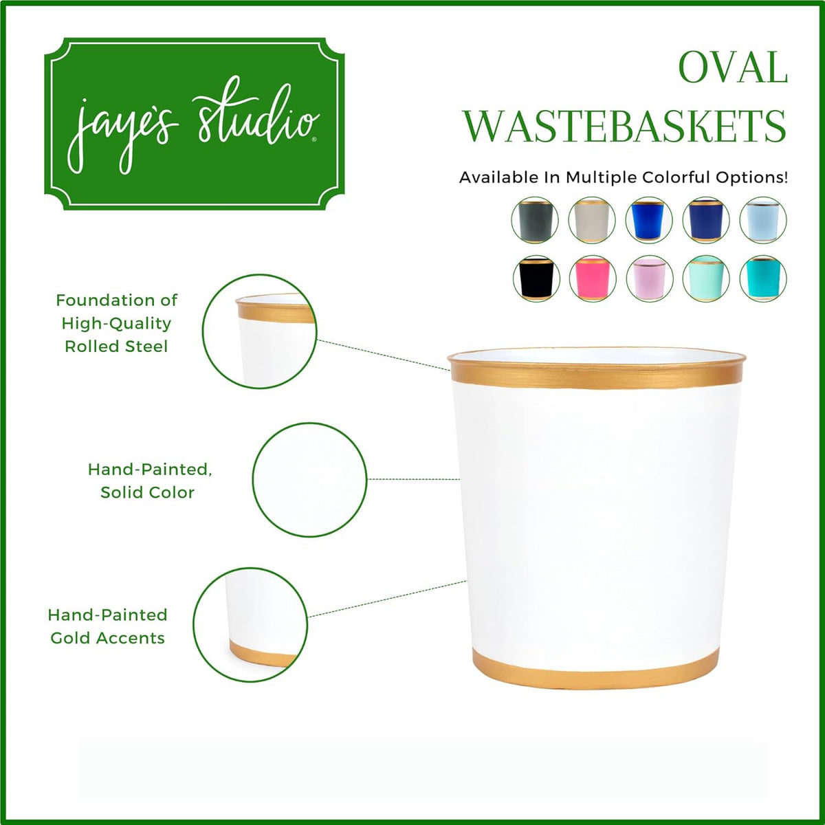 Jaye's Studio Mattie Decorative White and Gold Bathroom Trash Can, Metal Waste Basket Modern