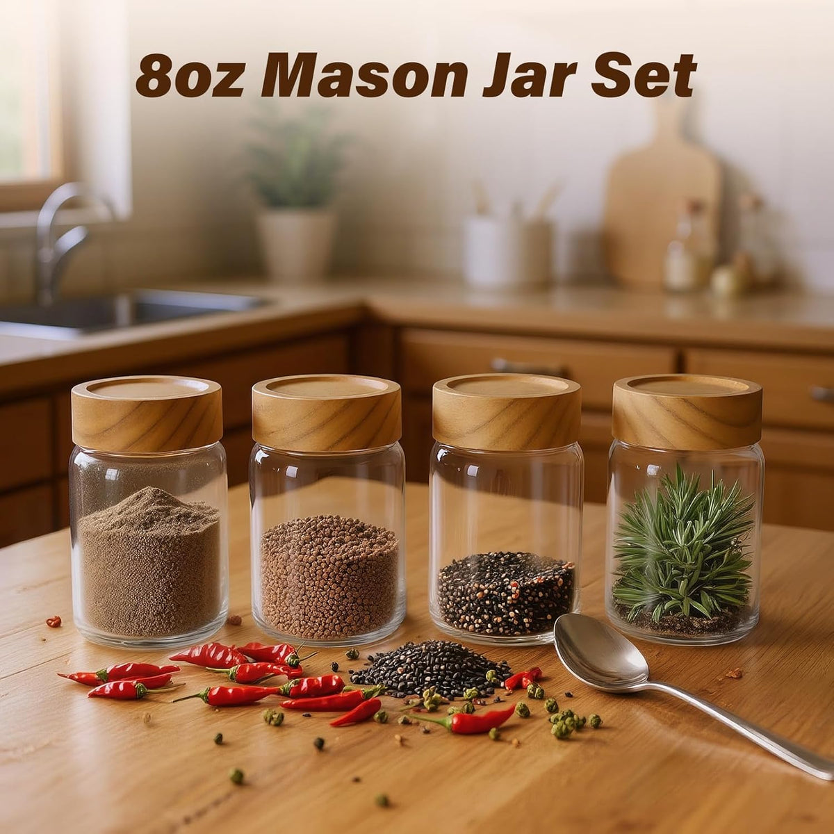 6pc Glass Mason Jars with Acacia Wood Airtight Lids - Overnight Oats & Food Storage Container Set