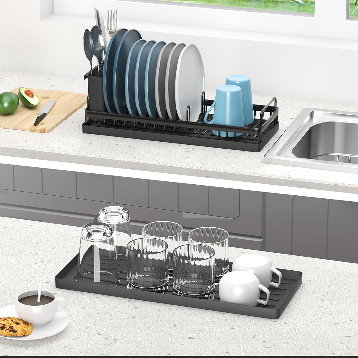 Small Dish Drying Rack, Compact Sink Dish Drainer Plate Organizer with Utensil Holder and 2pcs