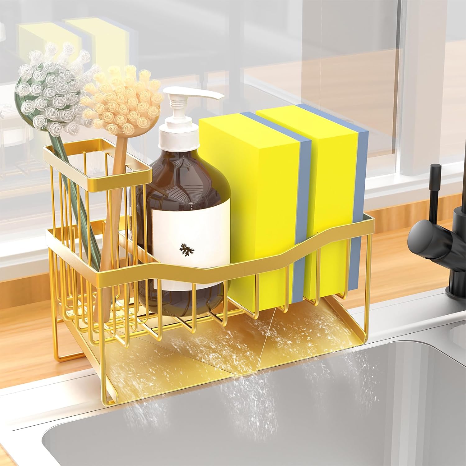 Maifan Sink Caddy Sponge Holder for Kitchen with Brush Holder and Stainless Steel Self Drain Tray