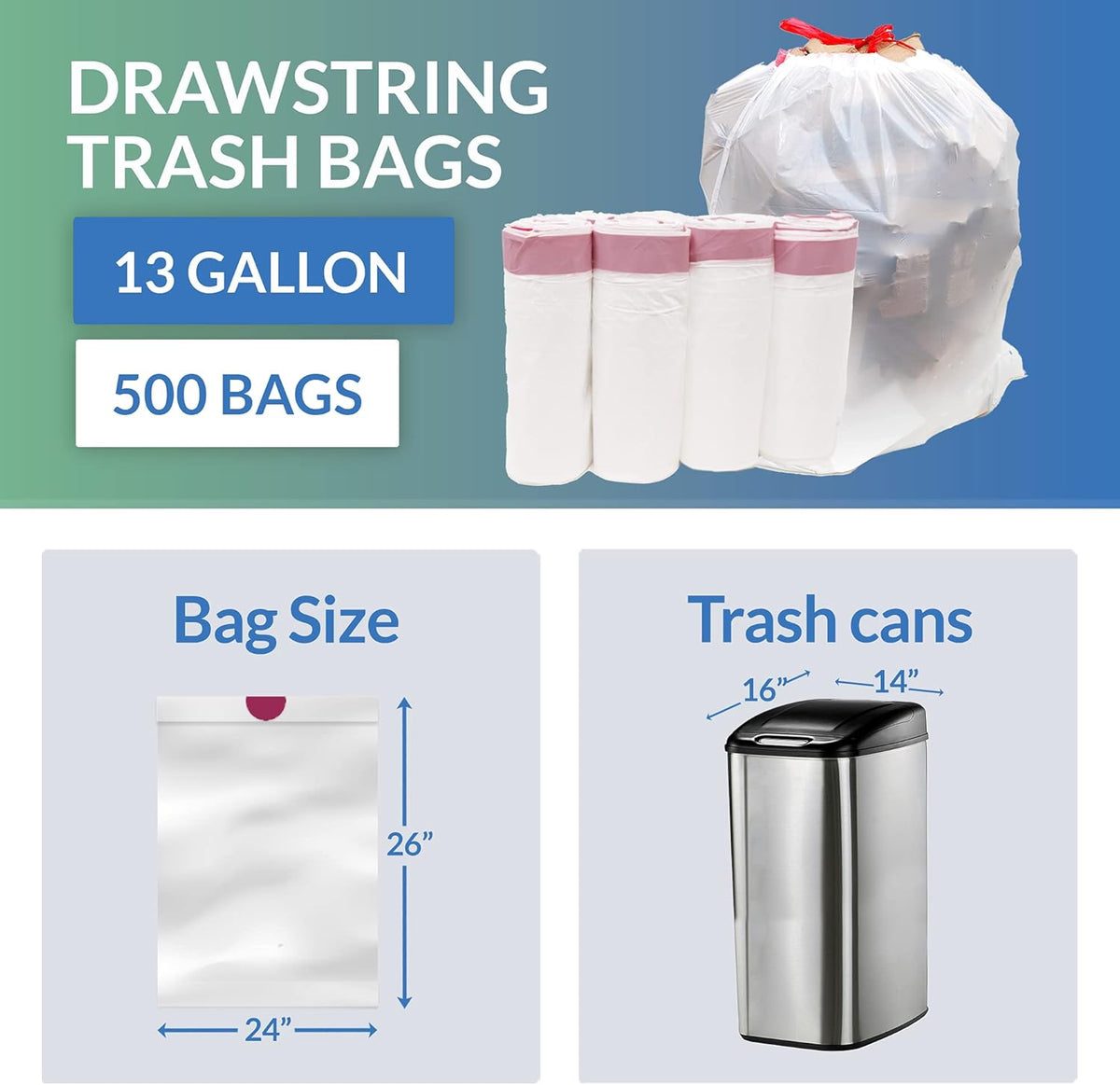 Reli. Tall Kitchen Drawstring Trash Bags 13 Gallon | 500 Count Bulk | Kitchen Garbage Bags | White