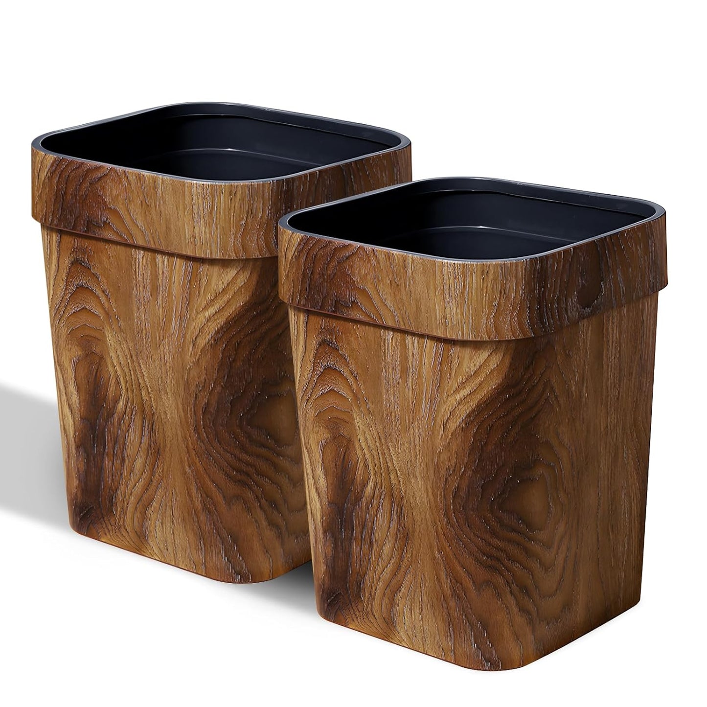 Wood Grain Plastic Trash Can Bedroom, Square 2-Pack, 3.7 Gal Farmhouse Wastebasket Bin Retro Style