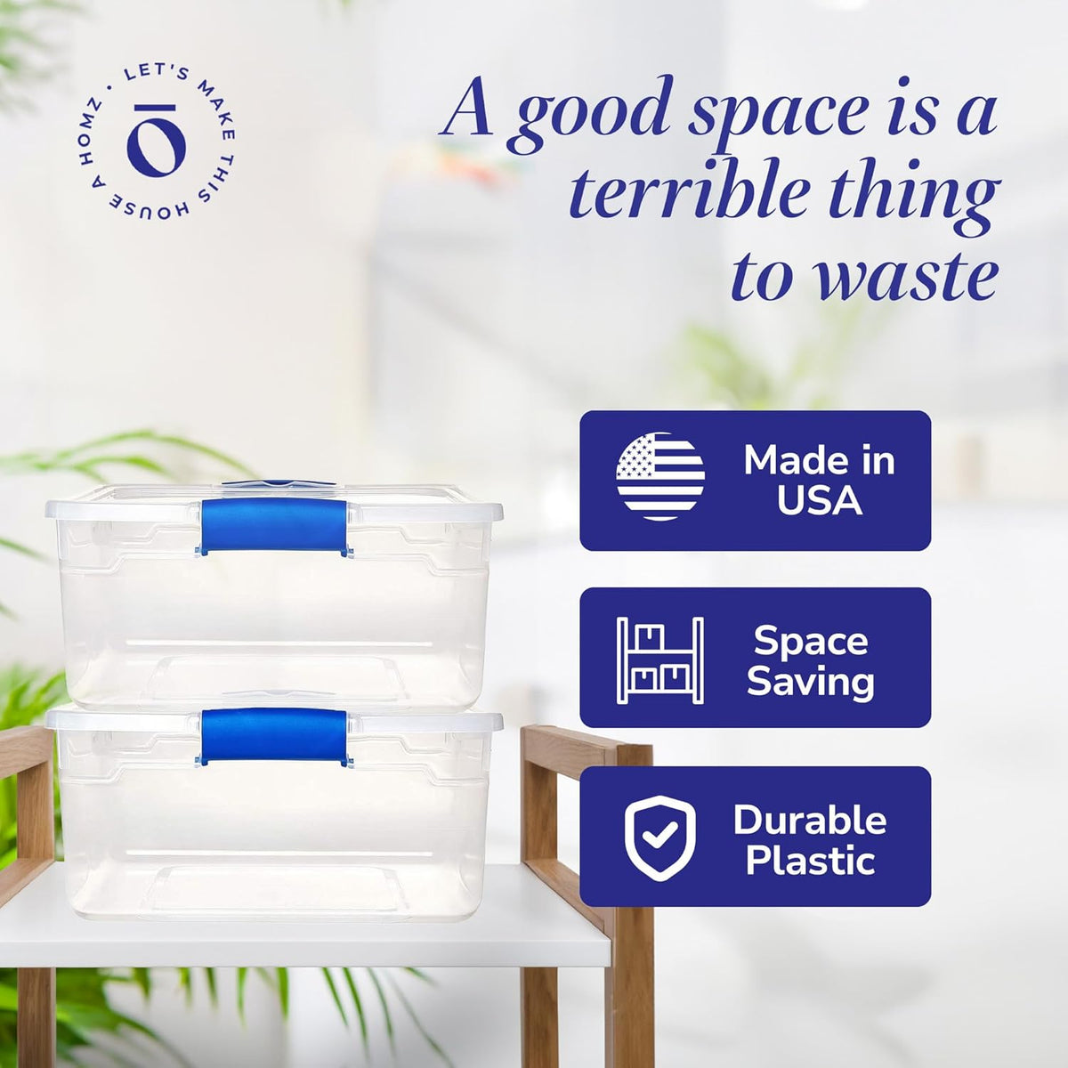 HOMZ 4-Pack Latching Lid, Small Clear Plastic Storage Bins w/ Lids, 15.5 Quart, Blue Latch
