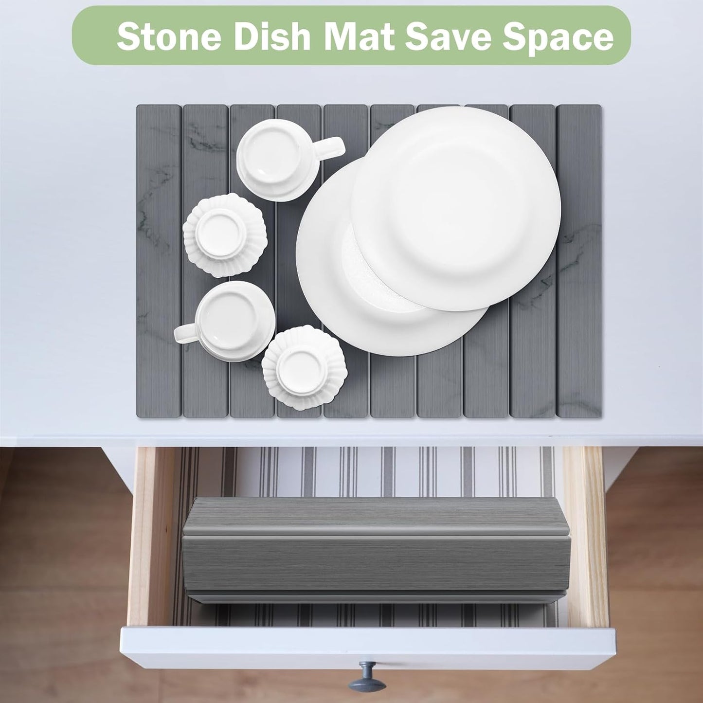 Stone Dish Drying Mat for Kitchen Counter,24"(L)×16"(W) Collapsible Fast-Drying Diatomaceous Earth